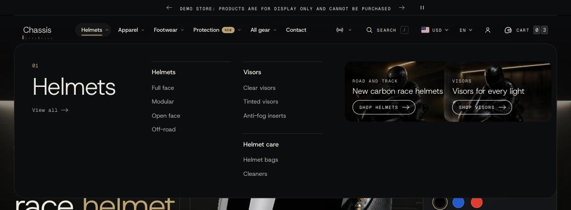 The header with an open menu panel showing image banners