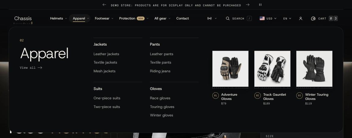 A menu panel with the collection's first products beside the links