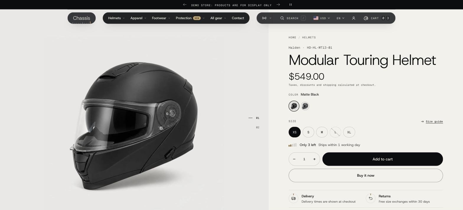 A product page: gallery on a stage that takes the photo's background color, and the buy column
